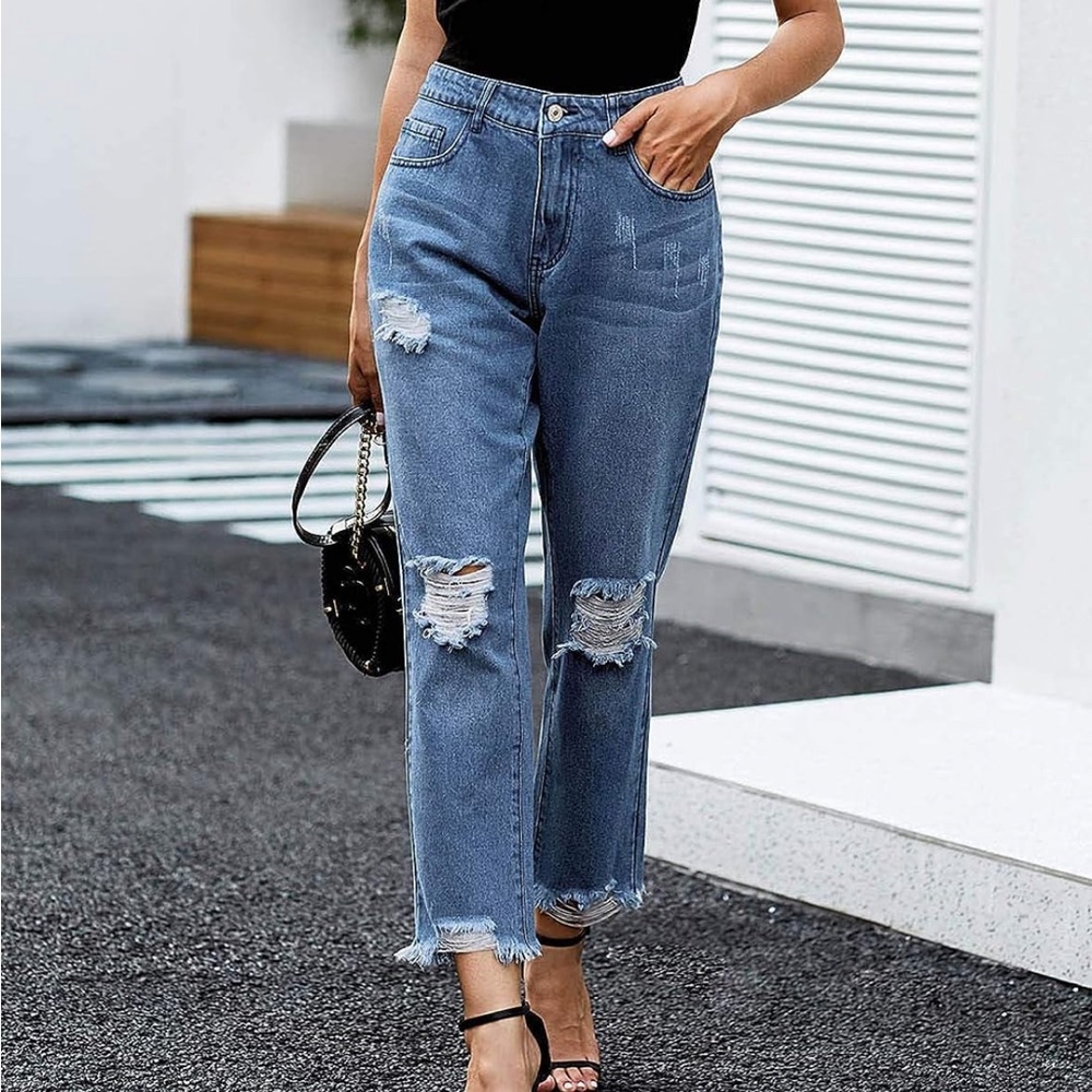 Boyfriend Jeans Stretchy Ripped Distressed Denim Pants, 8